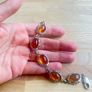 Vintage Estate 925 Sterling silver Baltic amber Cabochon bracelet